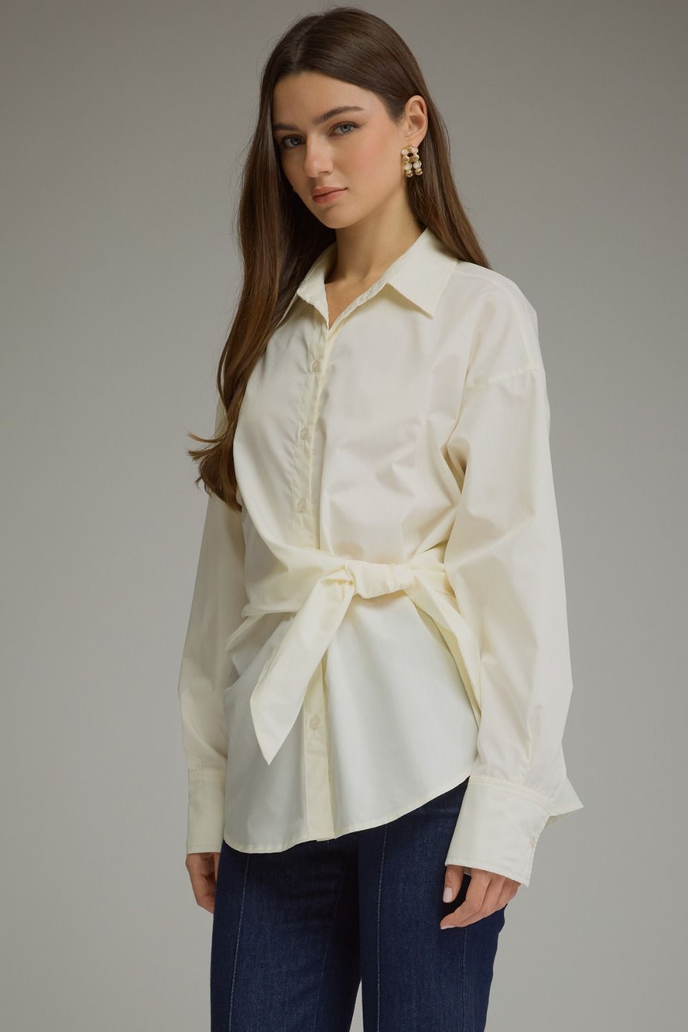 Sylvia Wrap Waist Long Sleeve Collared Button Up - Ecru
