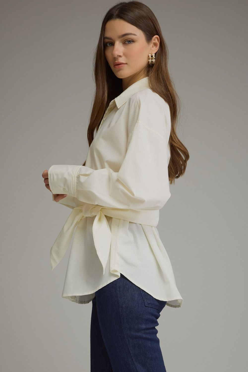 Sylvia Wrap Waist Long Sleeve Collared Button Up - Ecru