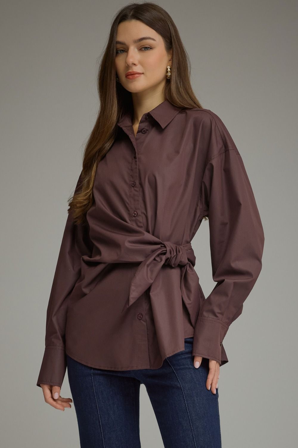 Sylvia Wrap Waist Long Sleeve Collared Button Up - Brown