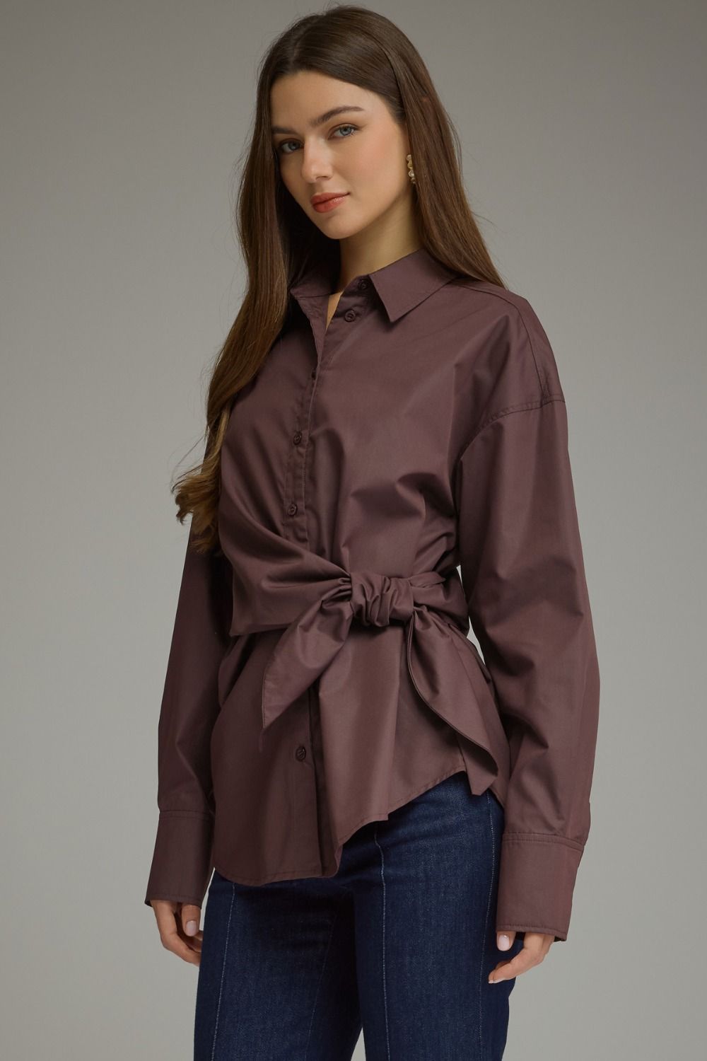 Sylvia Wrap Waist Long Sleeve Collared Button Up - Brown