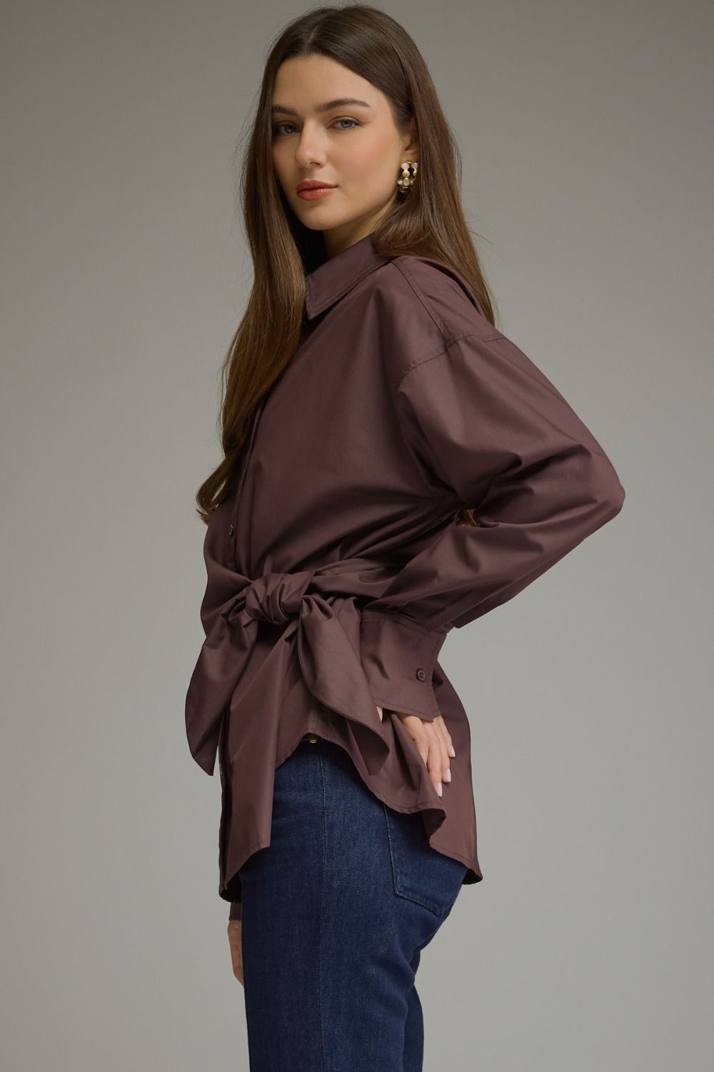 Sylvia Wrap Waist Long Sleeve Collared Button Up - Brown