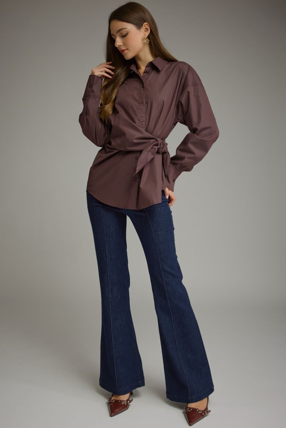 Sylvia Wrap Waist Long Sleeve Collared Button Up - Brown