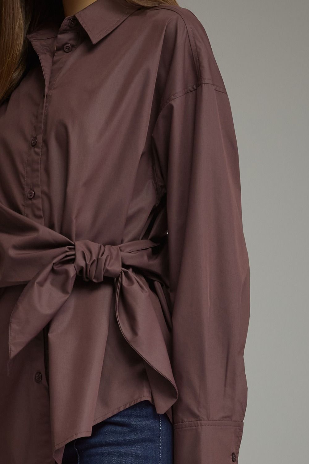 Sylvia Wrap Waist Long Sleeve Collared Button Up - Brown