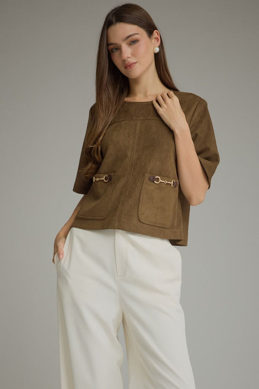 Bella Horsebit Front Pocket Faux Suede Short Sleeve Blouse - Dark Green