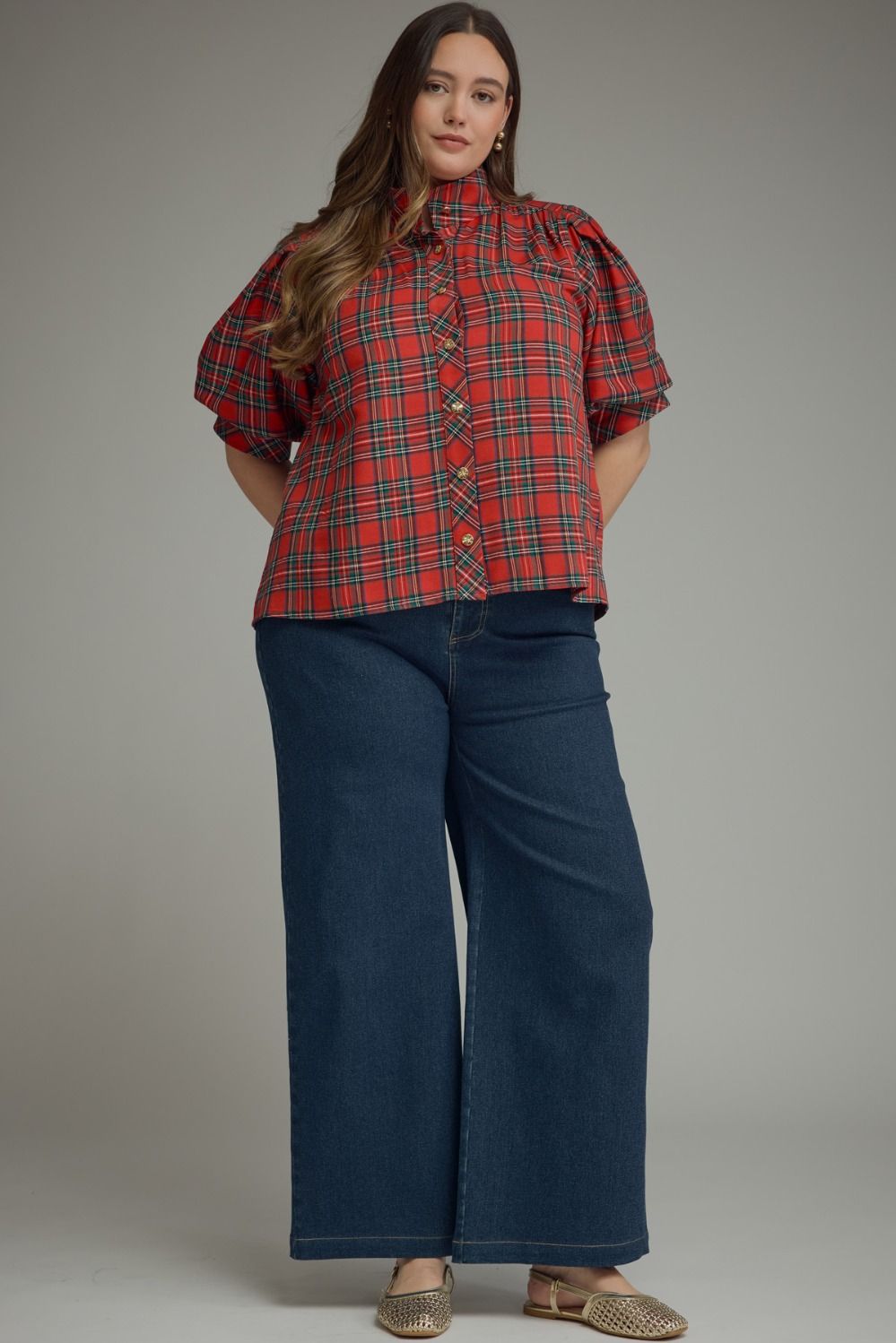 Millie Curve Holiday Plaid Puff Sleeve Blouse - Red Multi