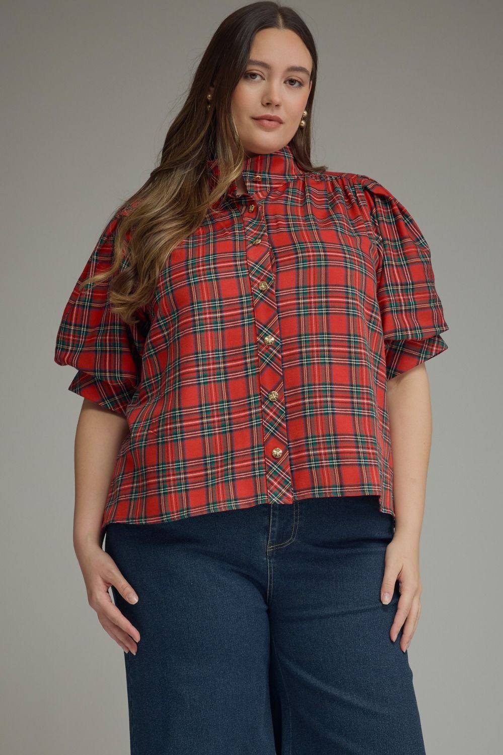 Millie Curve Holiday Plaid Puff Sleeve Blouse - Red Multi