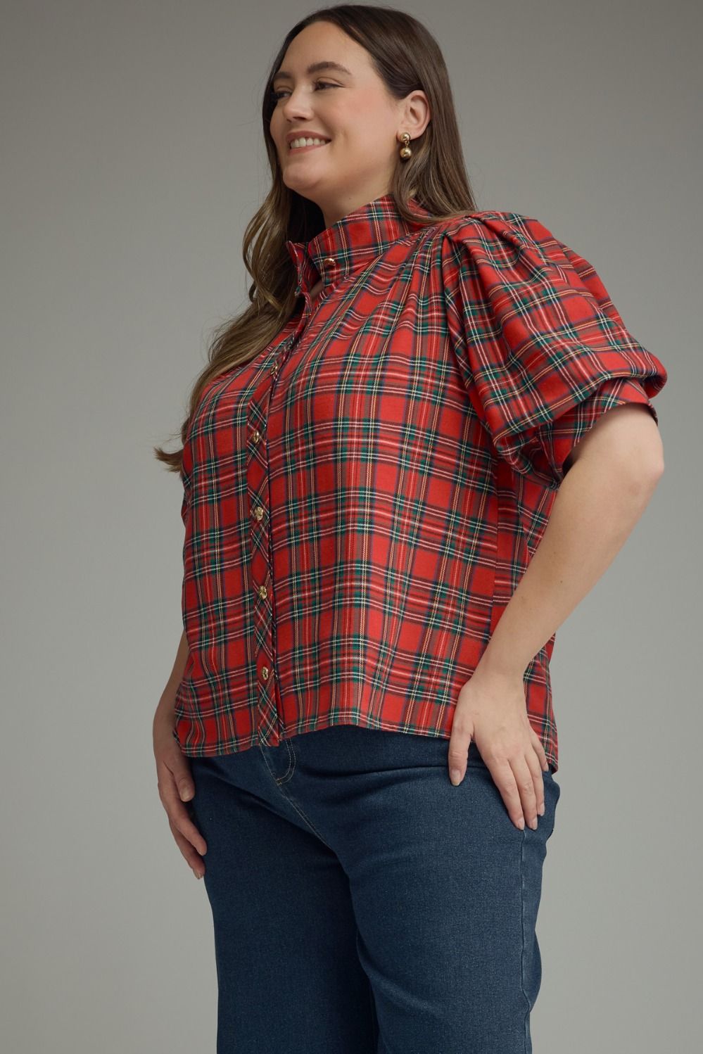 Millie Curve Holiday Plaid Puff Sleeve Blouse - Red Multi