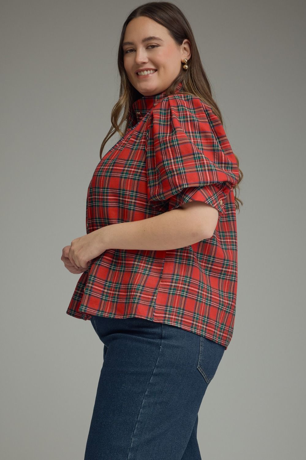 Millie Curve Holiday Plaid Puff Sleeve Blouse - Red Multi