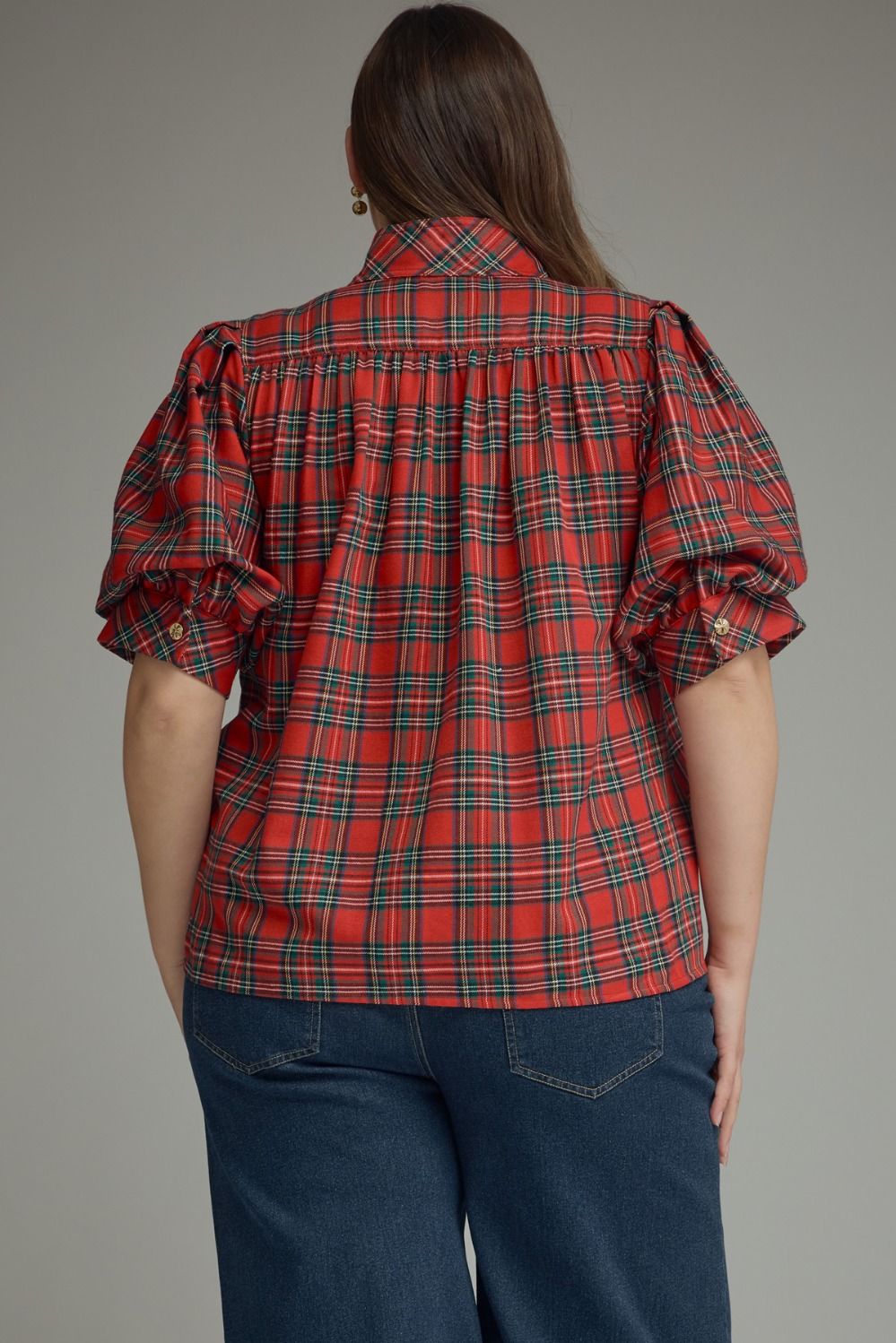Millie Curve Holiday Plaid Puff Sleeve Blouse - Red Multi