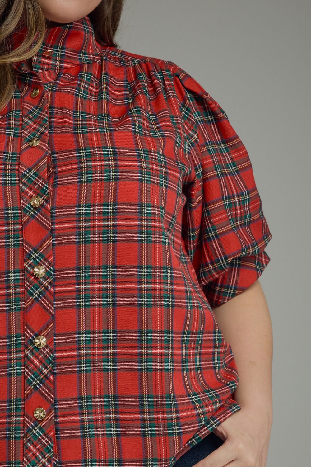 Millie Curve Holiday Plaid Puff Sleeve Blouse - Red Multi