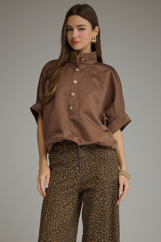 Fleur Short Sleeve Gold Button Stand Collar Blouse- Chocolate Brown