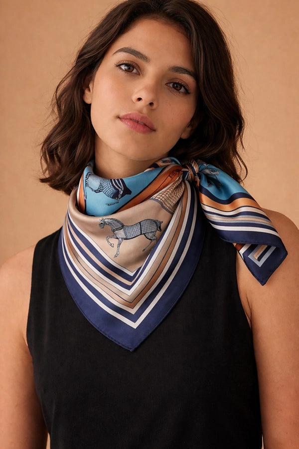 Equestrian Horse Print Reversible Knit Scarf - Orange Multi
