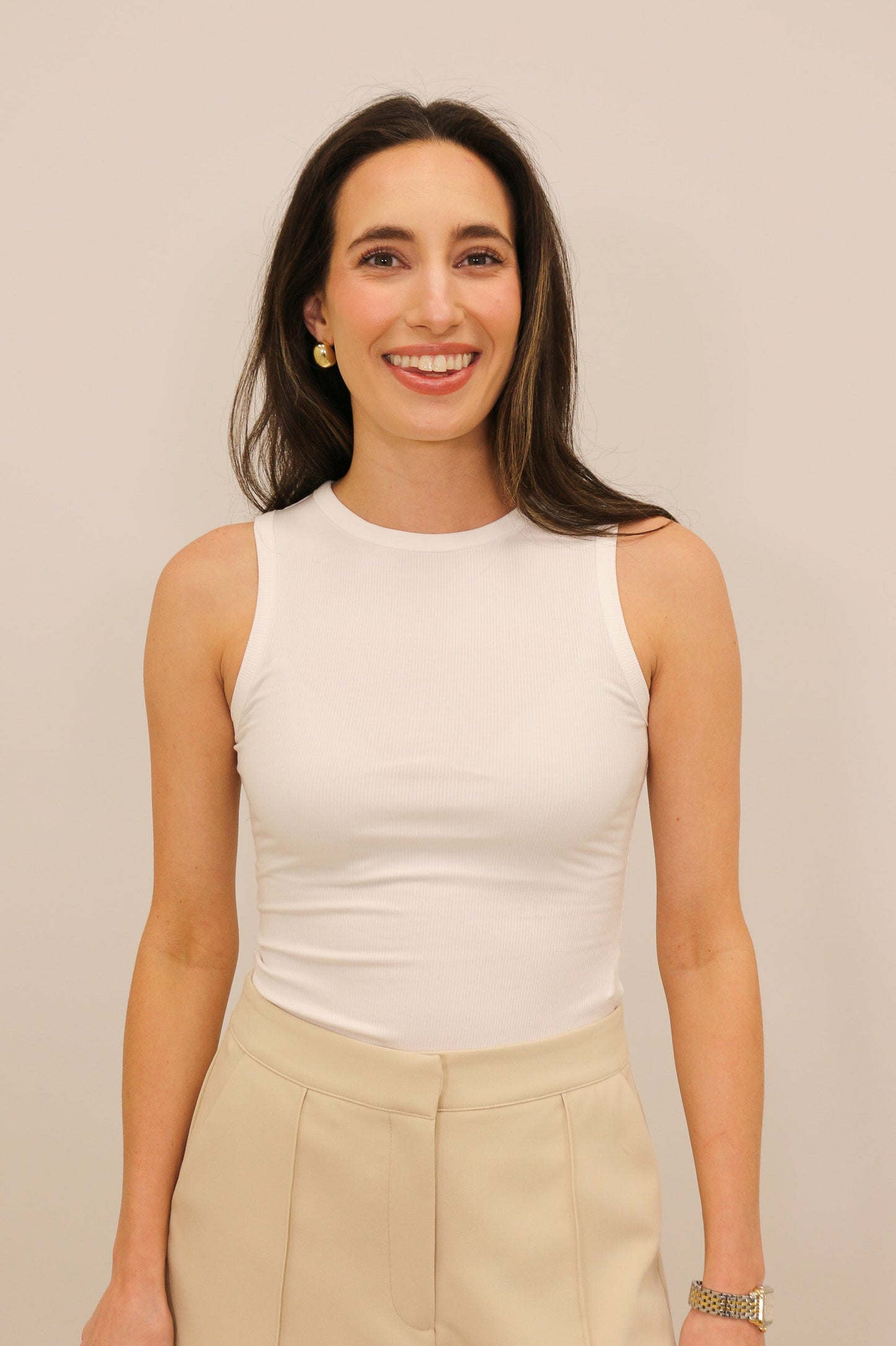 Essential Round Neck Stretch Knit Tank Bodysuit - White