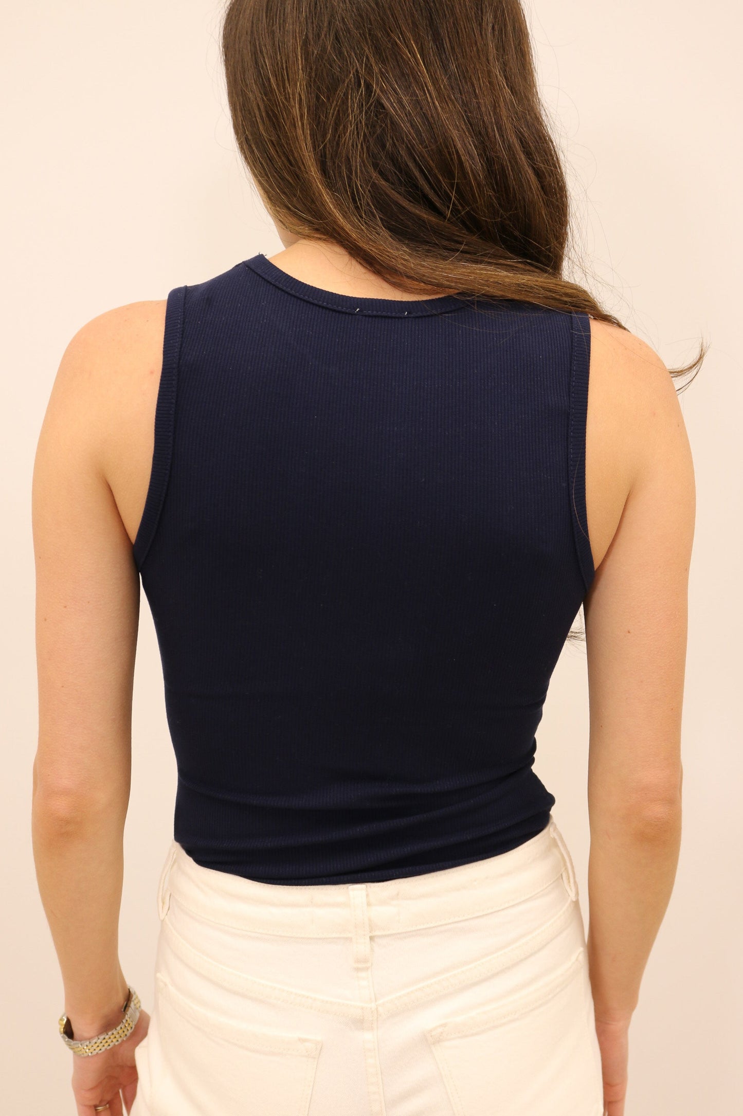 Essential Round Neck Stretch Knit Tank Bodysuit - Navy