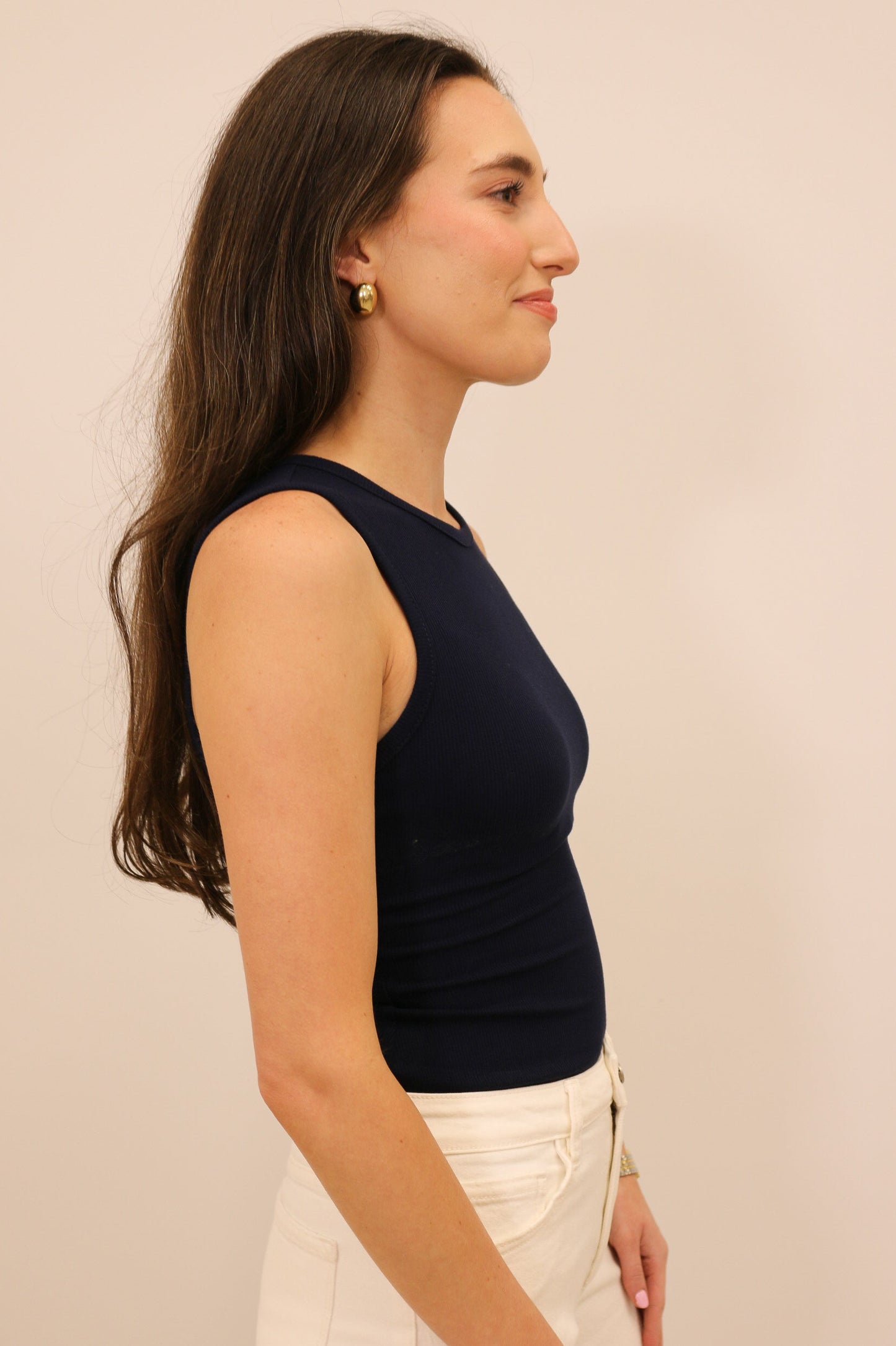 Essential Round Neck Stretch Knit Tank Bodysuit - Navy
