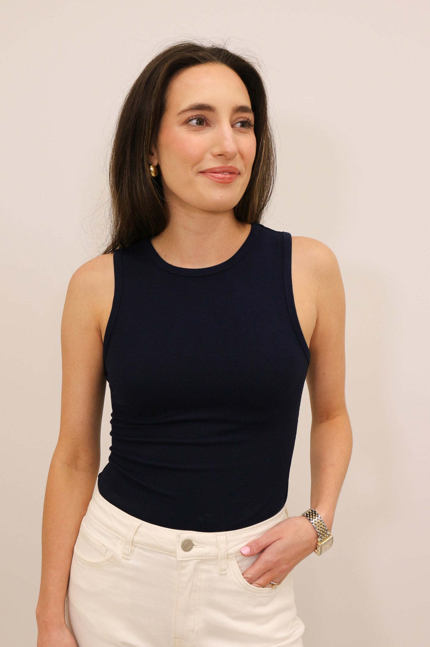Essential Round Neck Stretch Knit Tank Bodysuit - Navy