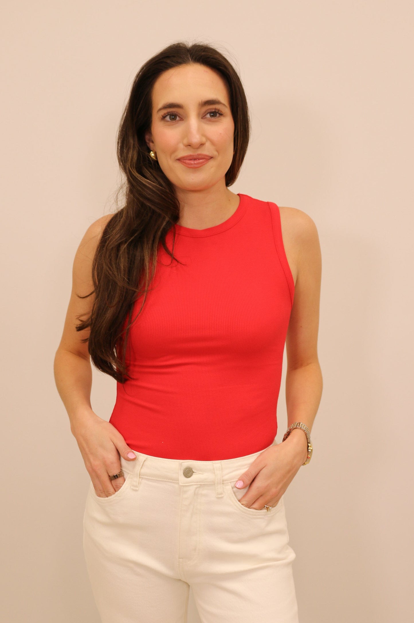 Essential Round Neck Stretch Knit Tank Bodysuit - Red