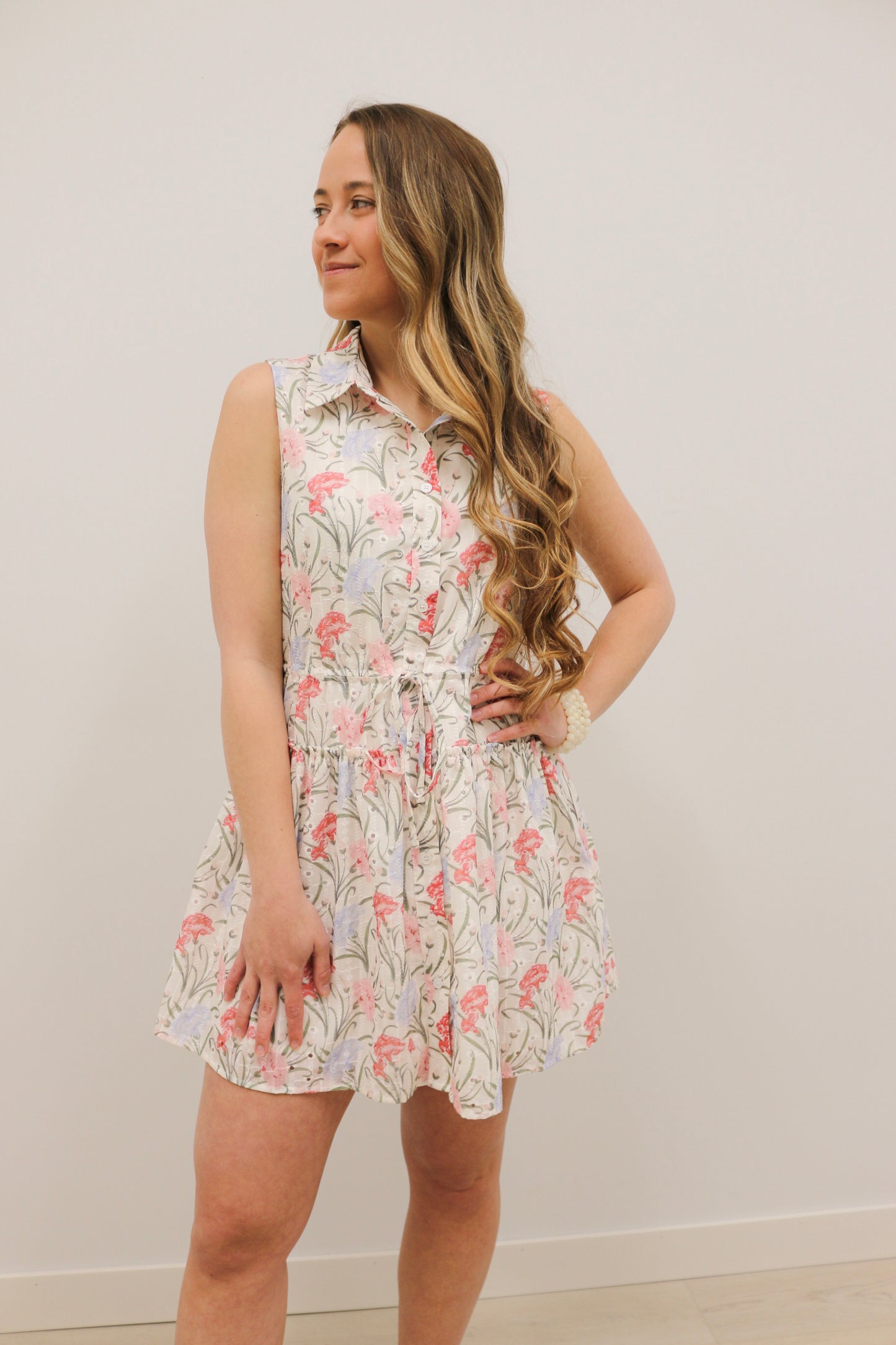 Evianna Embroidered Floral Print Collared Fit and Flare Mini Dress - Pink Lavender Multi