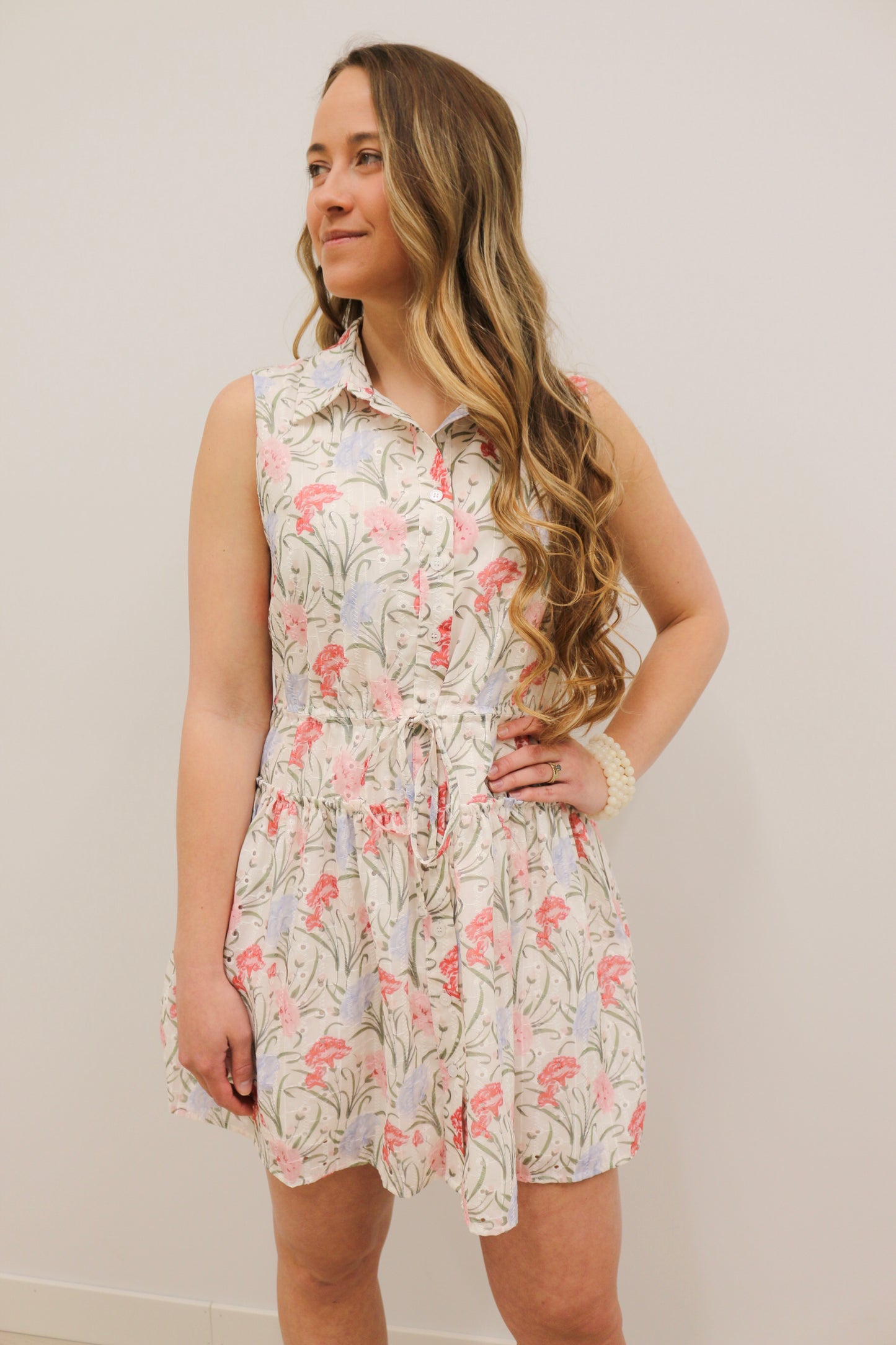 Evianna Embroidered Floral Print Collared Fit and Flare Mini Dress - Pink Lavender Multi