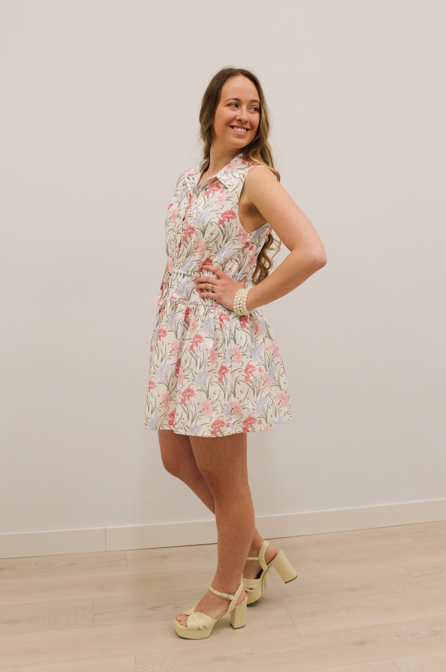 Evianna Embroidered Floral Print Collared Fit and Flare Mini Dress - Pink Lavender Multi