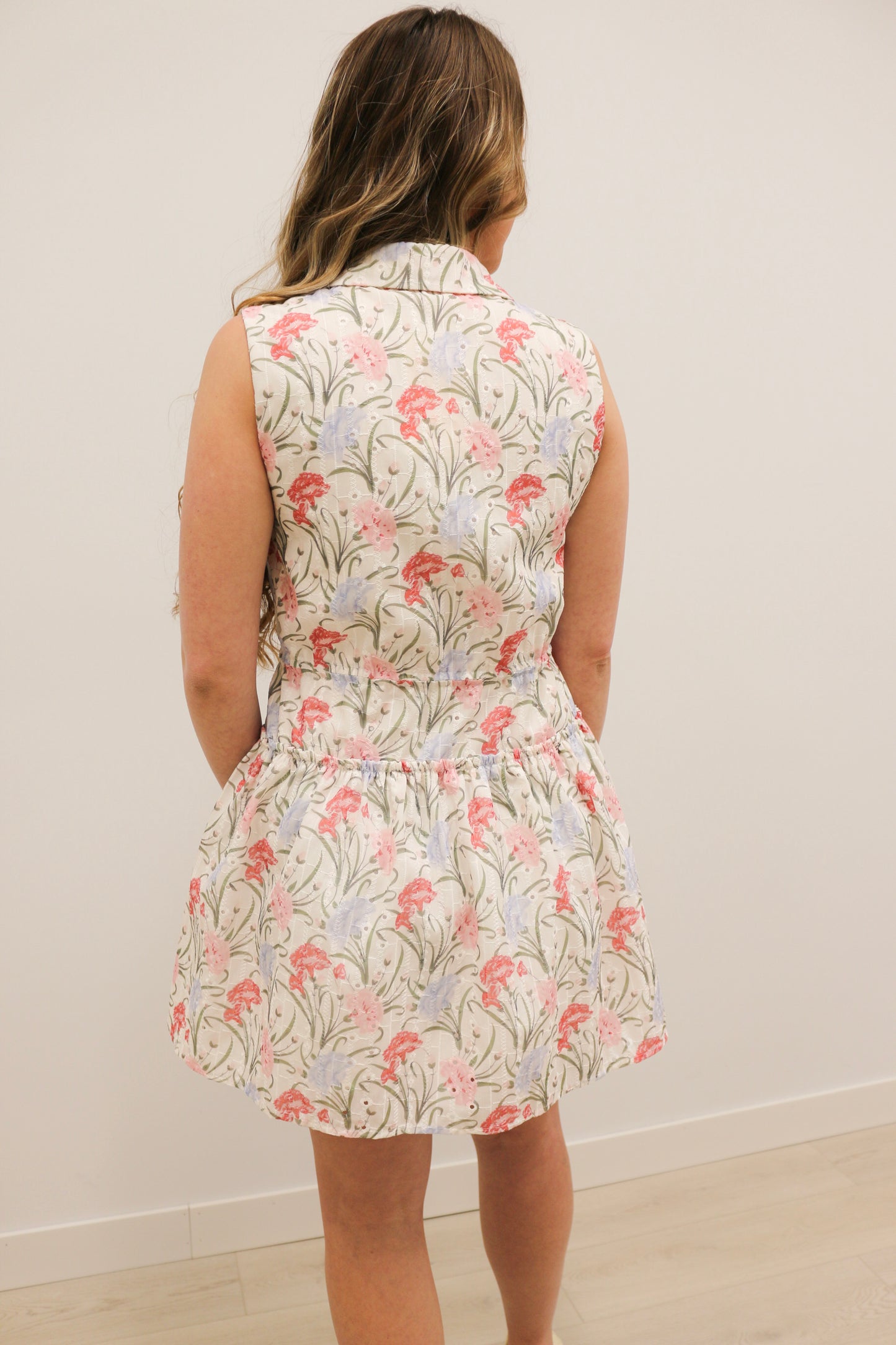 Evianna Embroidered Floral Print Collared Fit and Flare Mini Dress - Pink Lavender Multi