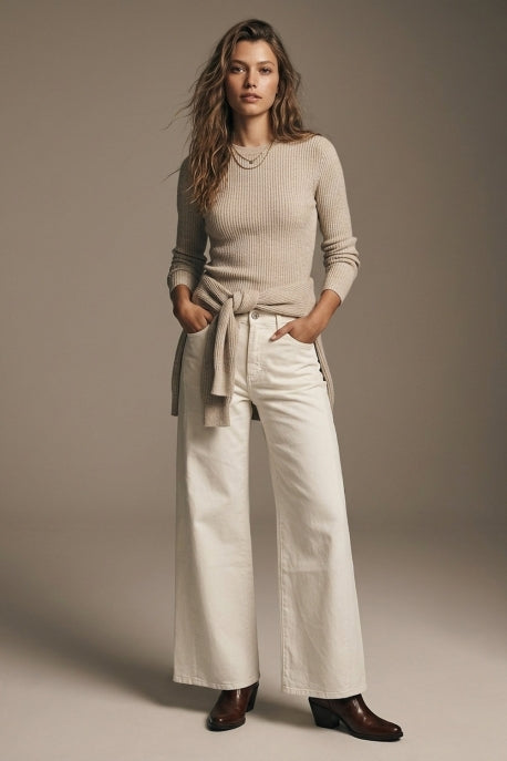 Stella High Waisted Wide Leg Trousers - Cream