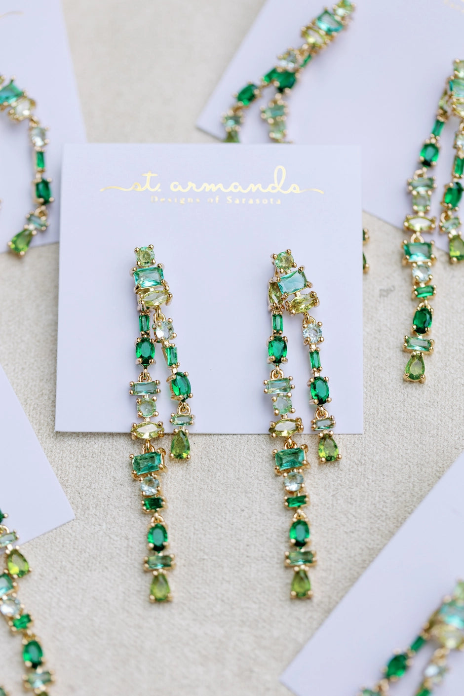 Ombre Crystal Layered Duster Statement Earrings - Green Tone
