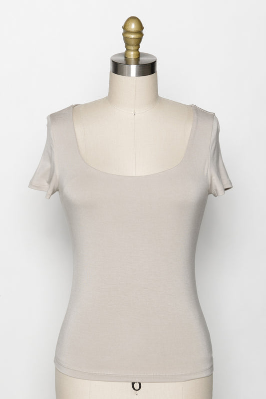 Final Touch Double Layer Square Neck Short Sleeve Knit Top - Fog