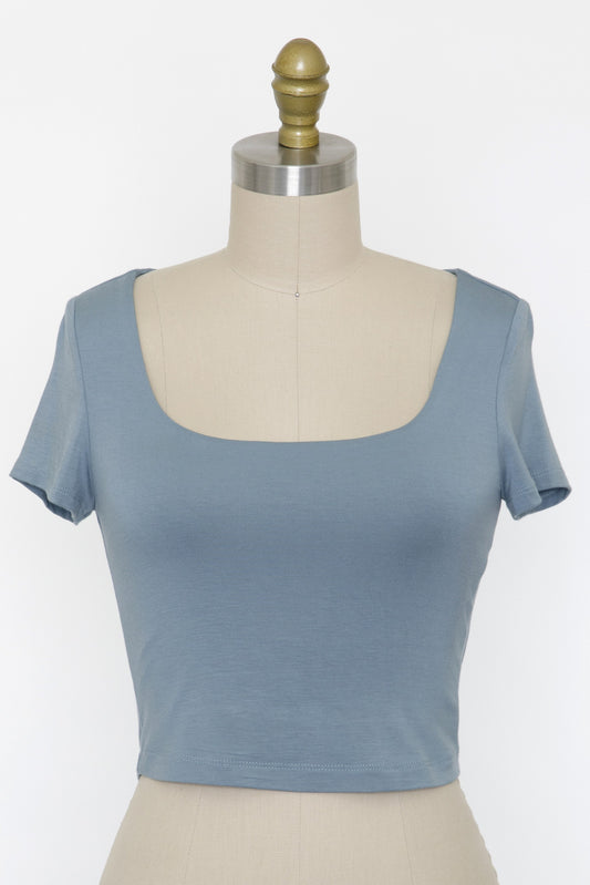 Final Touch Double Layer Square Neckline Crop Short Sleeve Knit - Ash Blue