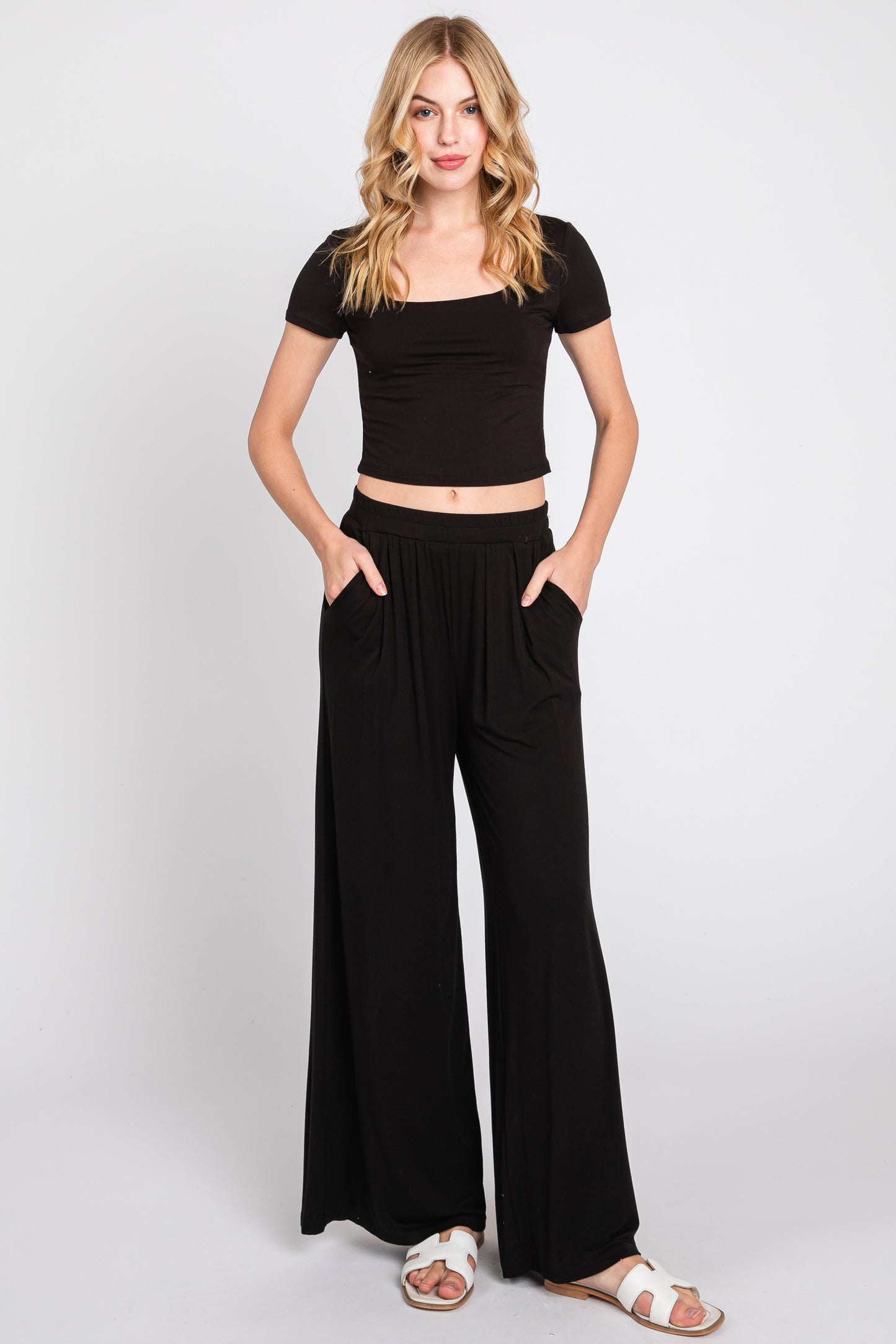 Final Touch Double Layer Square Neckline Crop Short Sleeve Knit - Black
