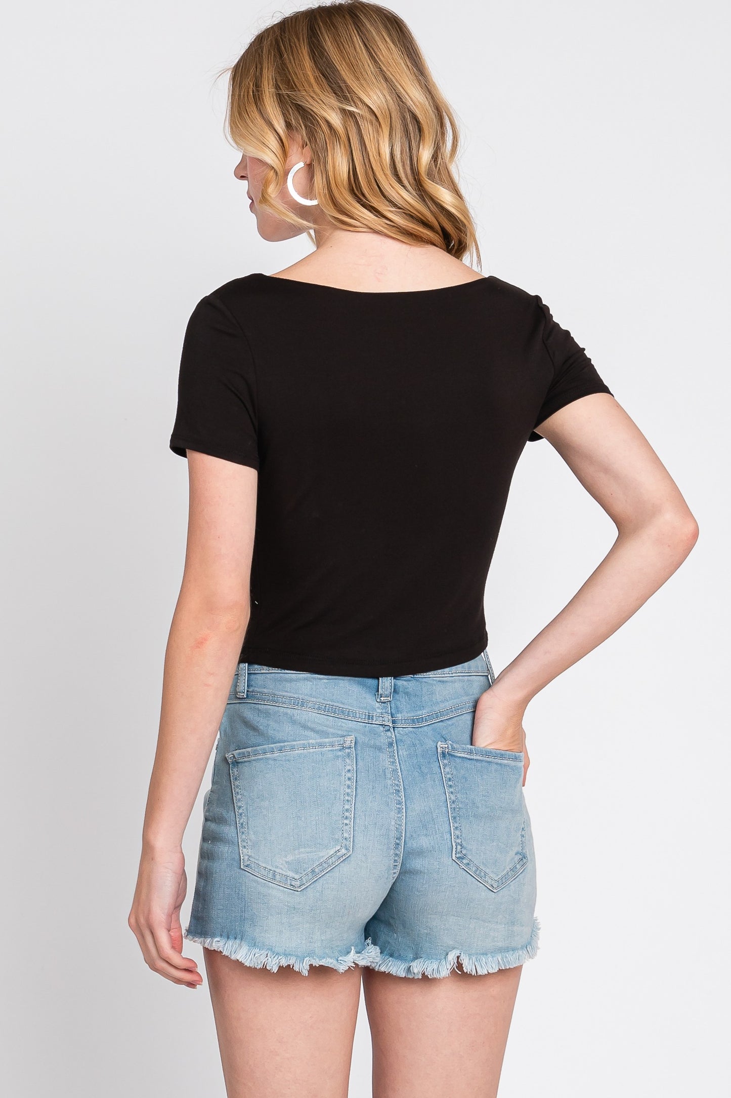 Final Touch Double Layer Square Neckline Crop Short Sleeve Knit - Black