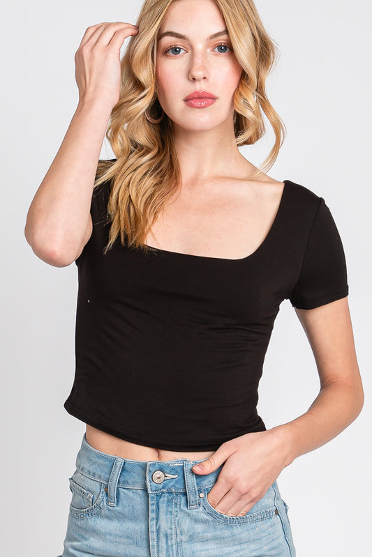 Final Touch Double Layer Square Neckline Crop Short Sleeve Knit - Black