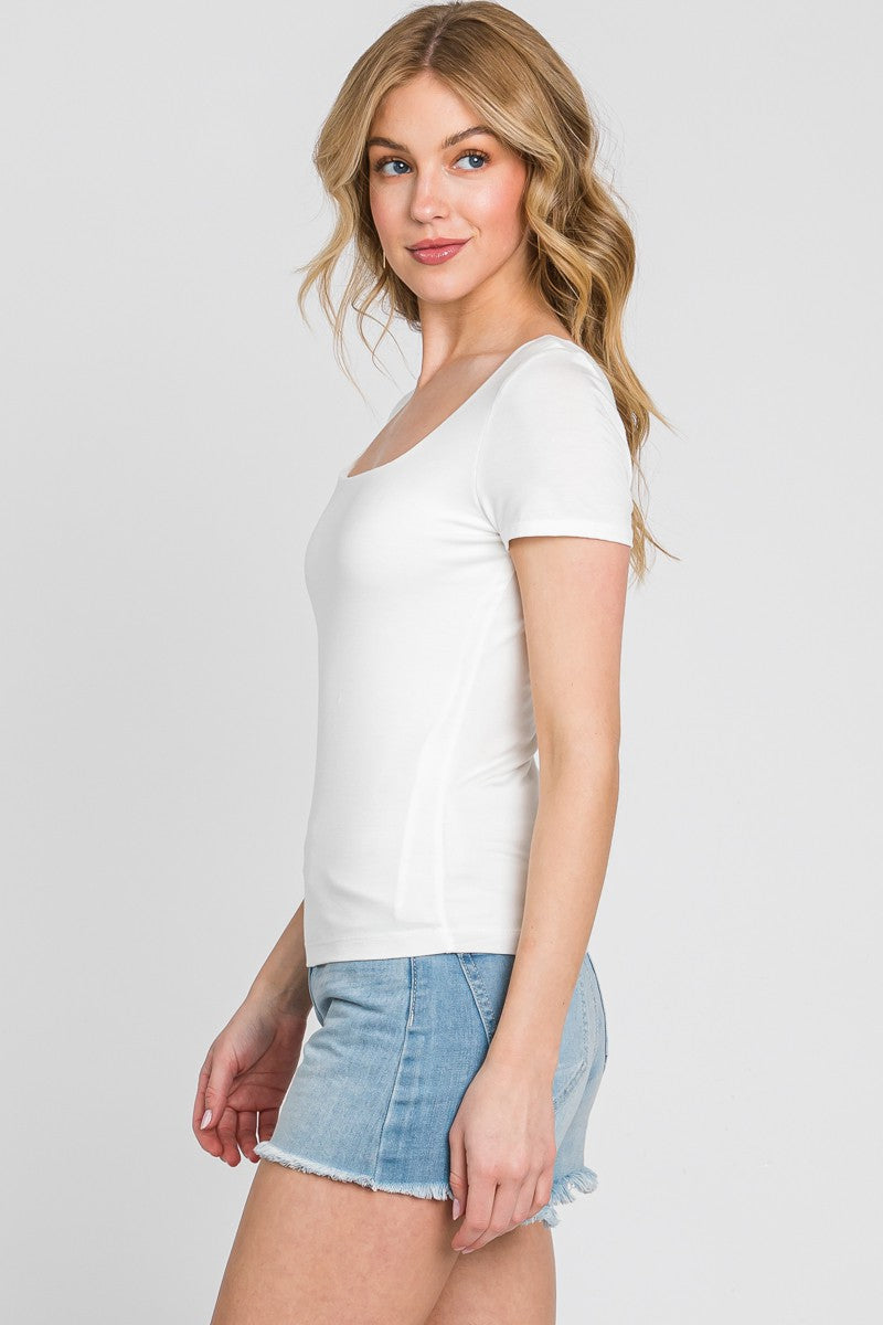 Final Touch Double Layer Square Neck Short Sleeve Knit Top - White