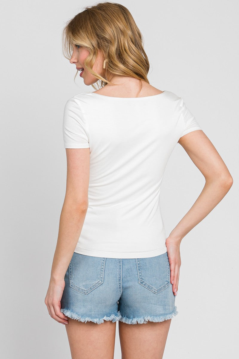 Final Touch Double Layer Square Neck Short Sleeve Knit Top - White