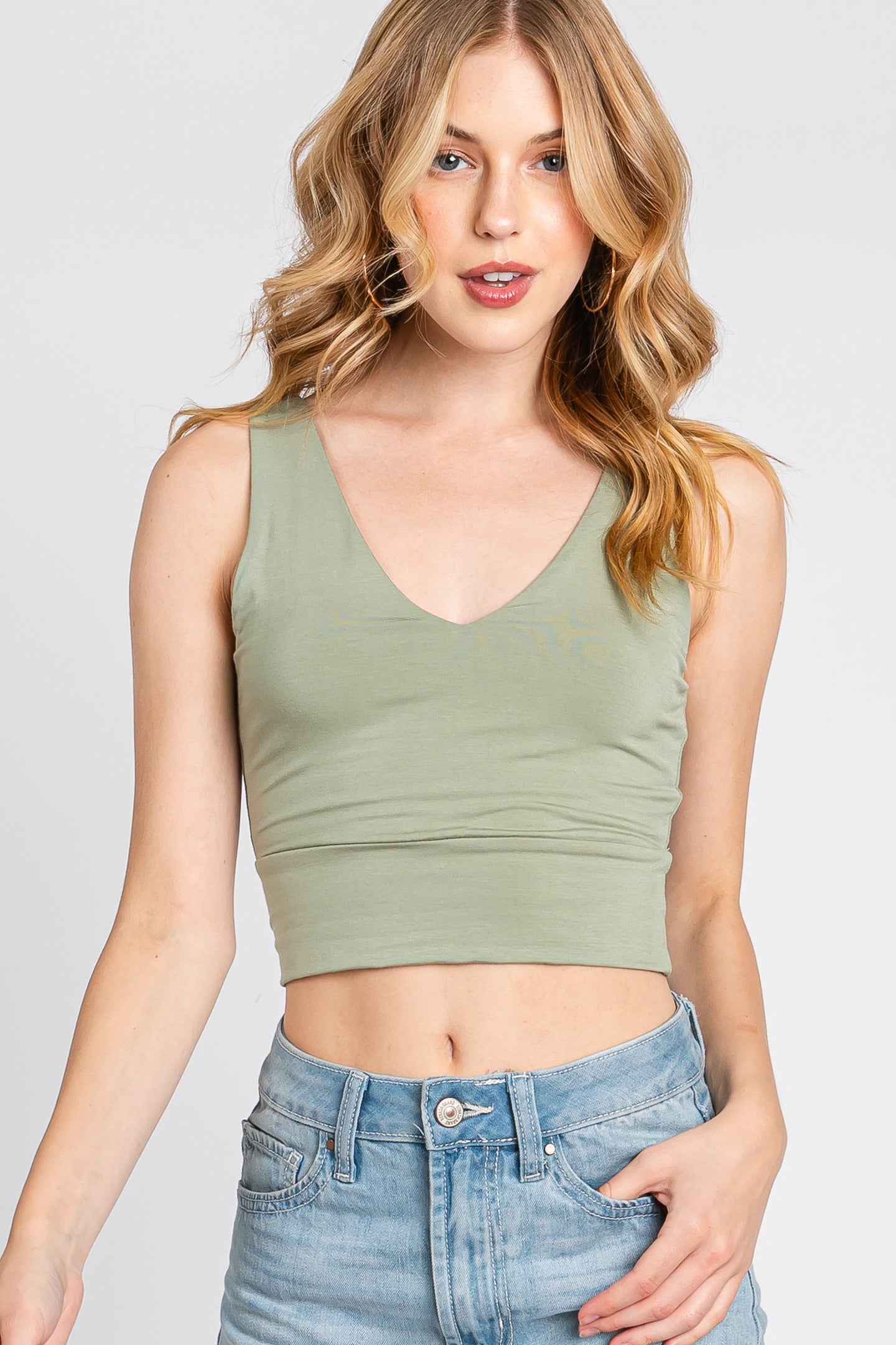 Final Touch Double Layer V-Neck Crop Knit Tank - Fern Green