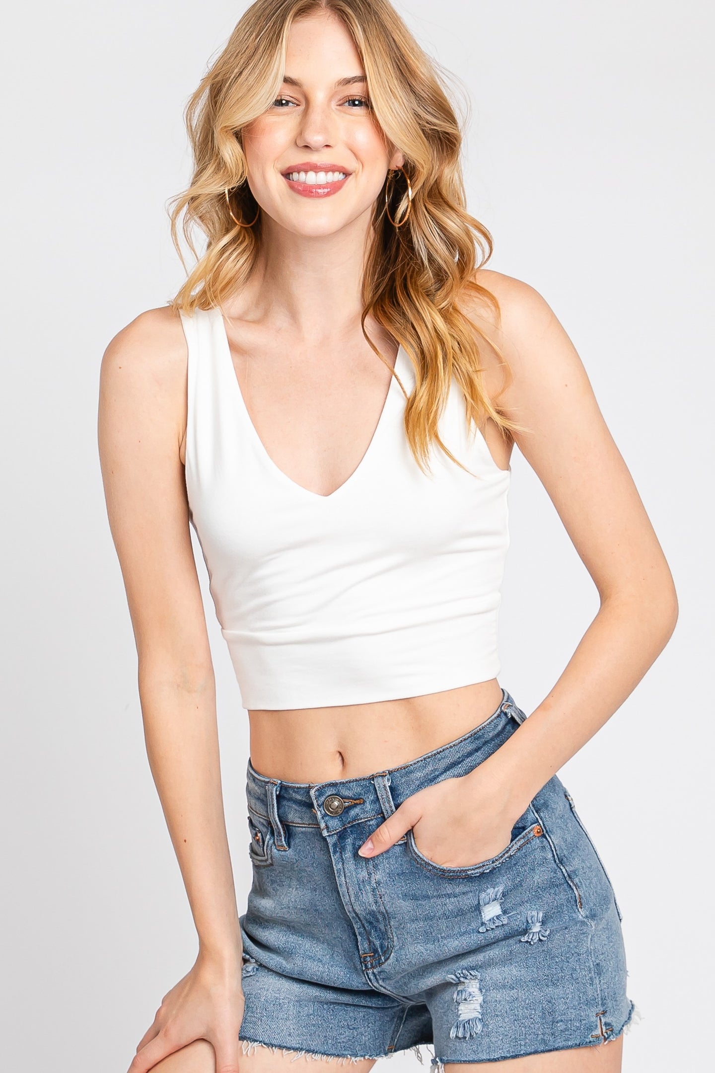 Final Touch Double Layer V-Neck Crop Knit Tank - White