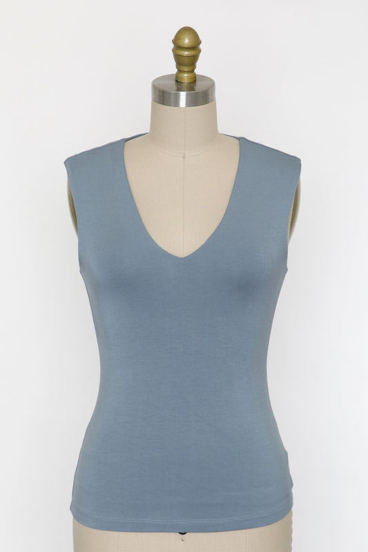 Final Touch Double Layer V-Neck Wide Strap Sleeveless Knit Tank - Ash Blue
