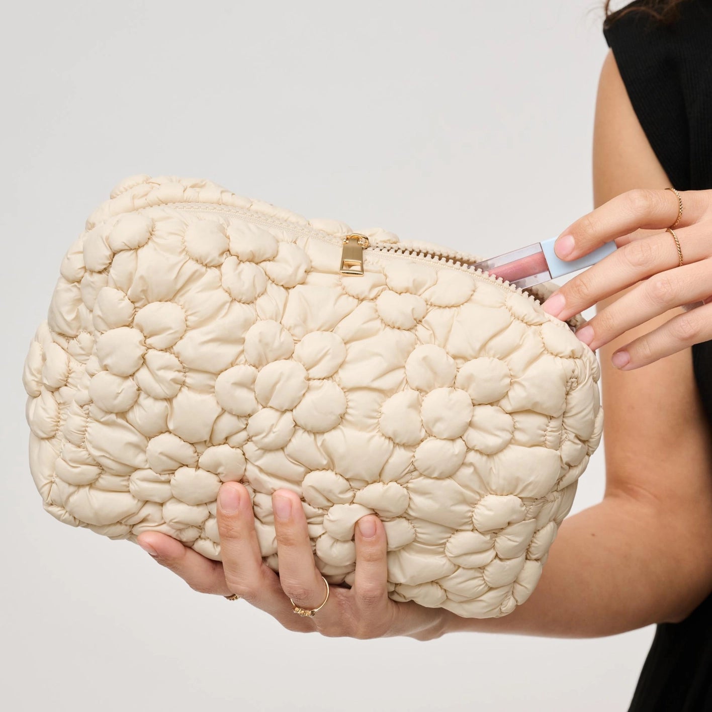 Flora Pop Quilted Nylon Zip Cosmetic Pouch - Cream