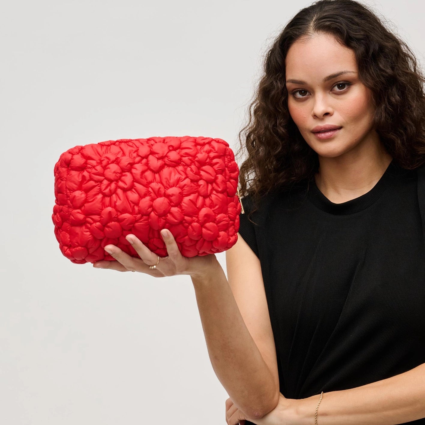 Flora Pop Quilted Nylon Zip Cosmetic Pouch - Red