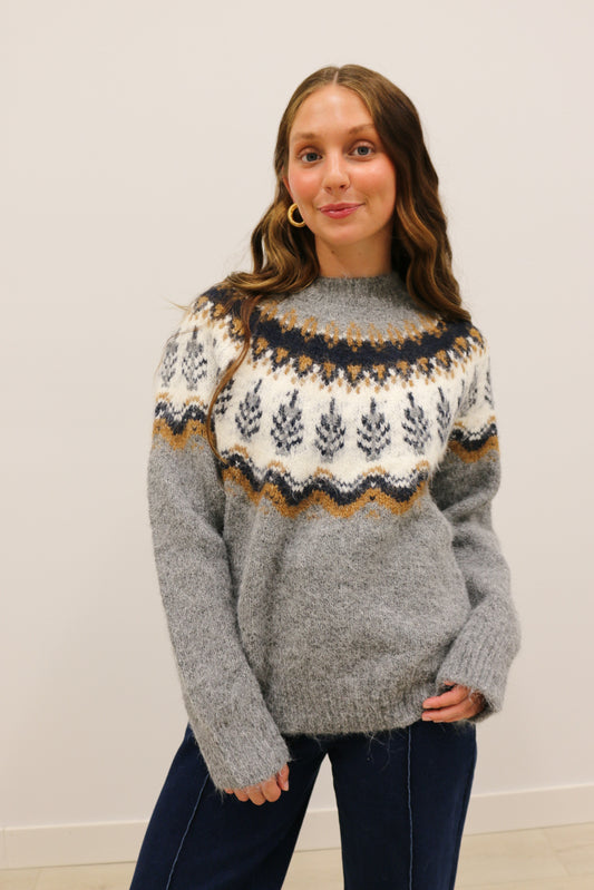 Fuzzy Faireisle Jacquard Long Sleeve Sweater Pullover - Charcoal Multi
