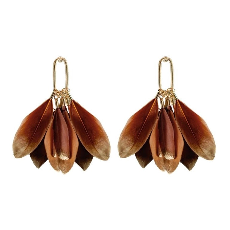 Caramel Gold Dipped Feather Statement Earrings