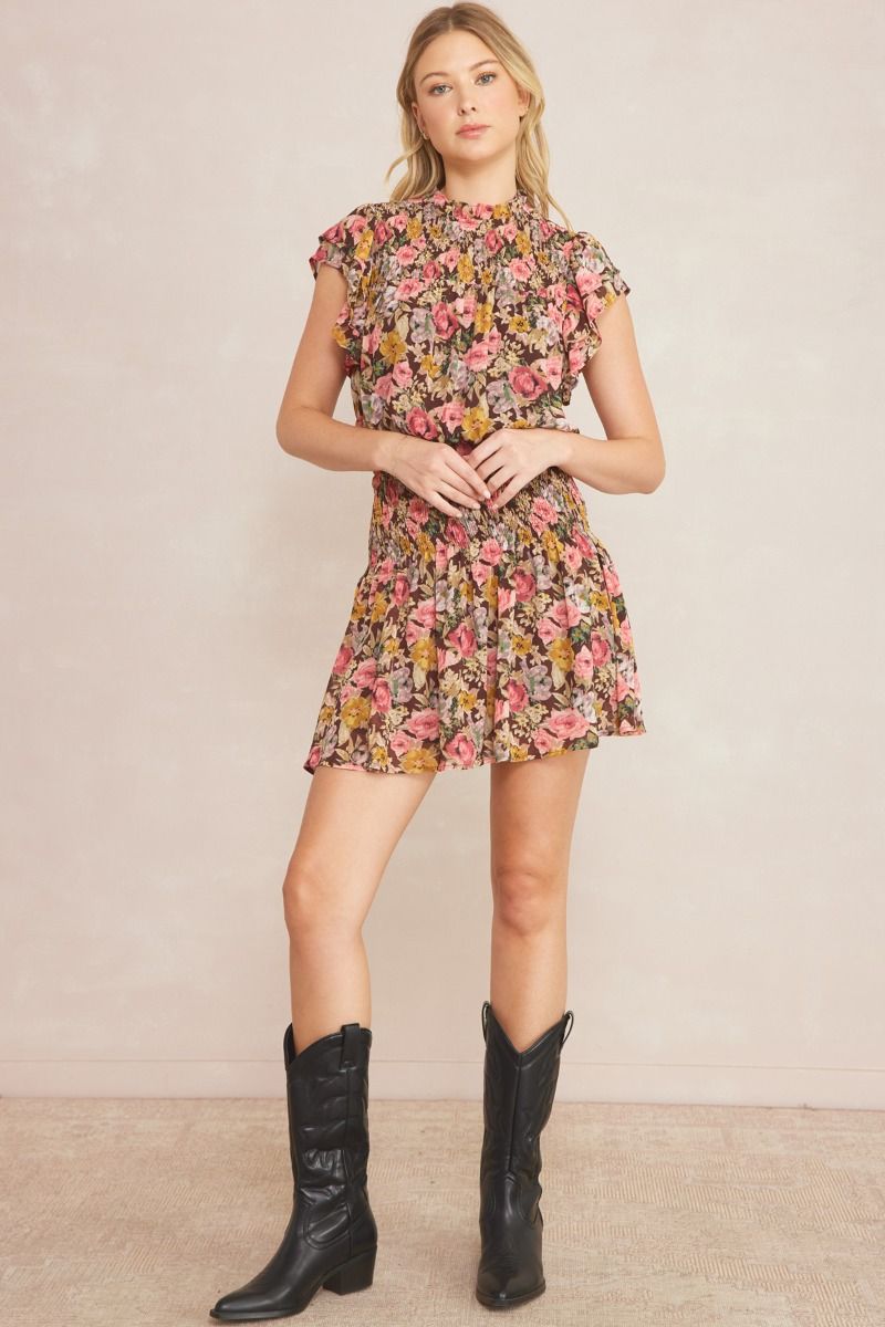 Gia Floral Print Mock Neck Smocked Mini Dress - Brown Multi