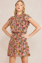 Load image into Gallery viewer, zSALE Gia Floral Print Mock Neck Smocked Mini Dress - Brown Multi
