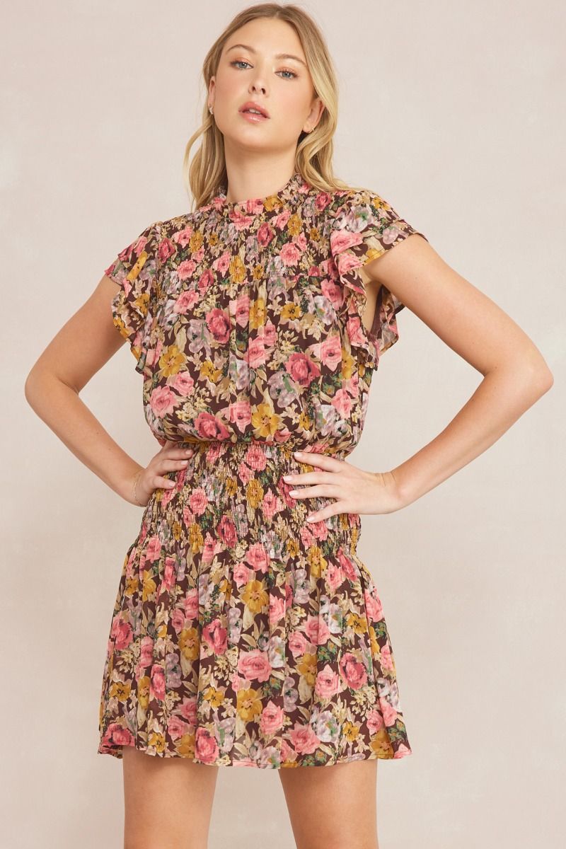 zSALE Gia Floral Print Mock Neck Smocked Mini Dress - Brown Multi