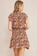 Load image into Gallery viewer, zSALE Gia Floral Print Mock Neck Smocked Mini Dress - Brown Multi
