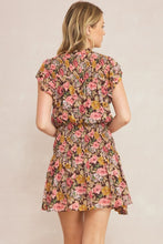 Load image into Gallery viewer, Gia Floral Print Mock Neck Smocked Mini Dress - Brown Multi
