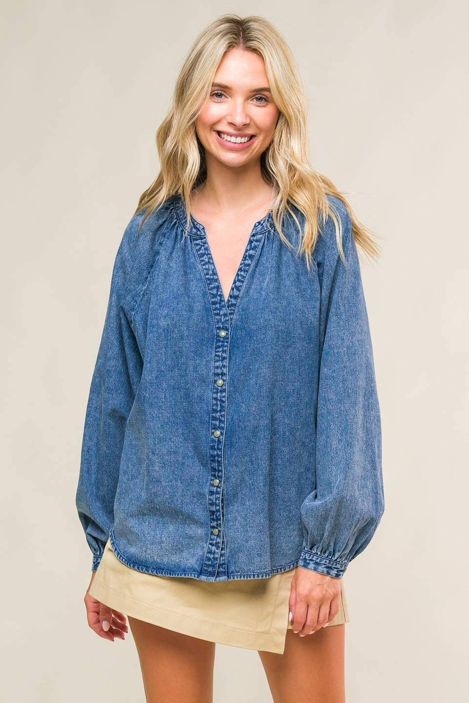 Gia Long Sleeve Button Down V-Neck Denim Blouse - Denim