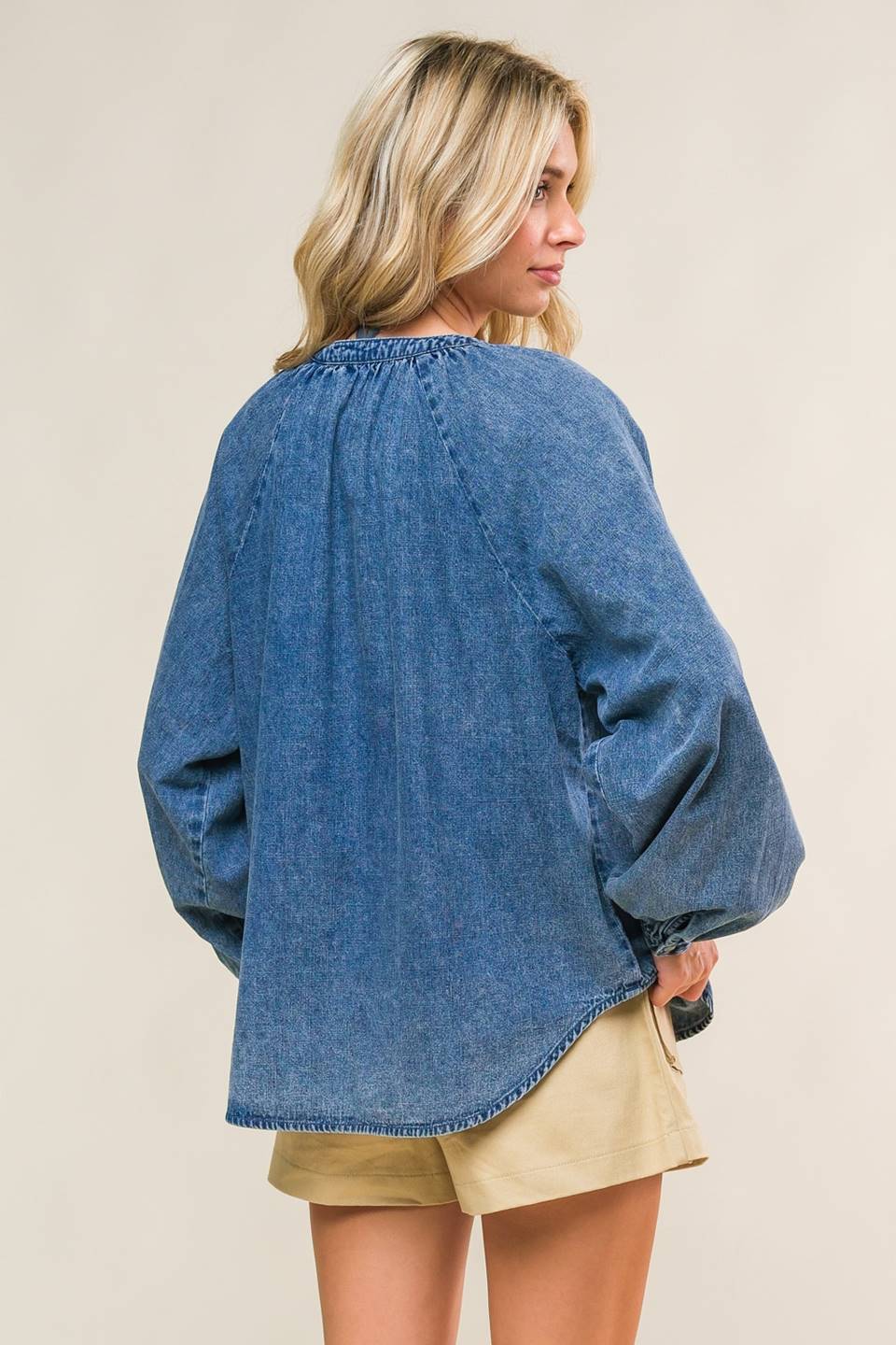 Gia Long Sleeve Button Down V-Neck Denim Blouse - Denim