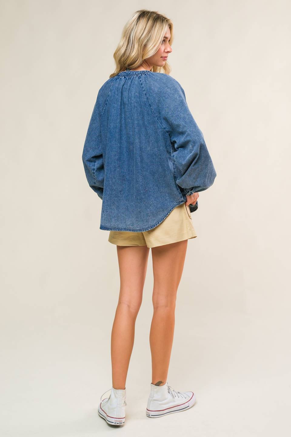 Gia Long Sleeve Button Down V-Neck Denim Blouse - Denim