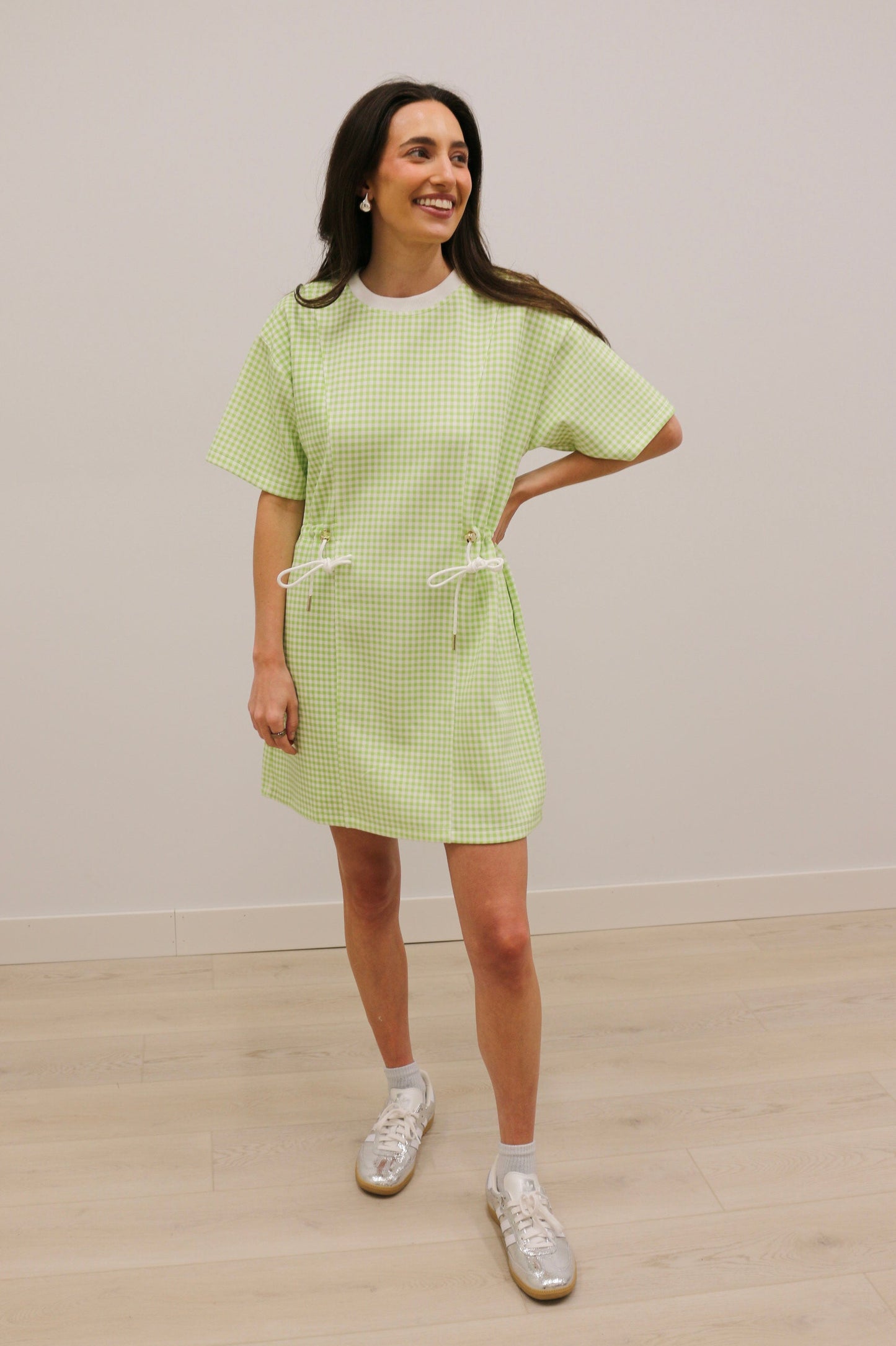 Gia Sporty Gingham Print Short Sleeve Mini Dress - Celery Green